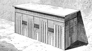 This antique illustration shows the sarcophagus of Menkaure pyramid, on the Giza Plateau in Egypt.