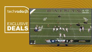 A TV with an NFL game displayed next to the words 'exclusive deals'