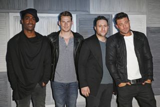 Simon Webbe, Lee Ryan, Antony Costa and Duncan James of Blue arrive at a party hosted by Instagram's Kevin Systrom and Jamie Oliver
