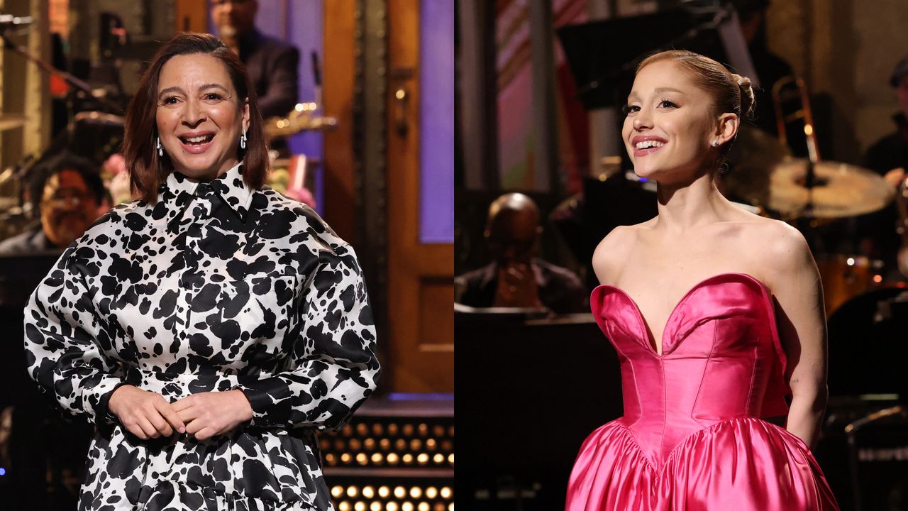 a split image of maya rudolph doing the snl monologue and ariana grande doing the monologe