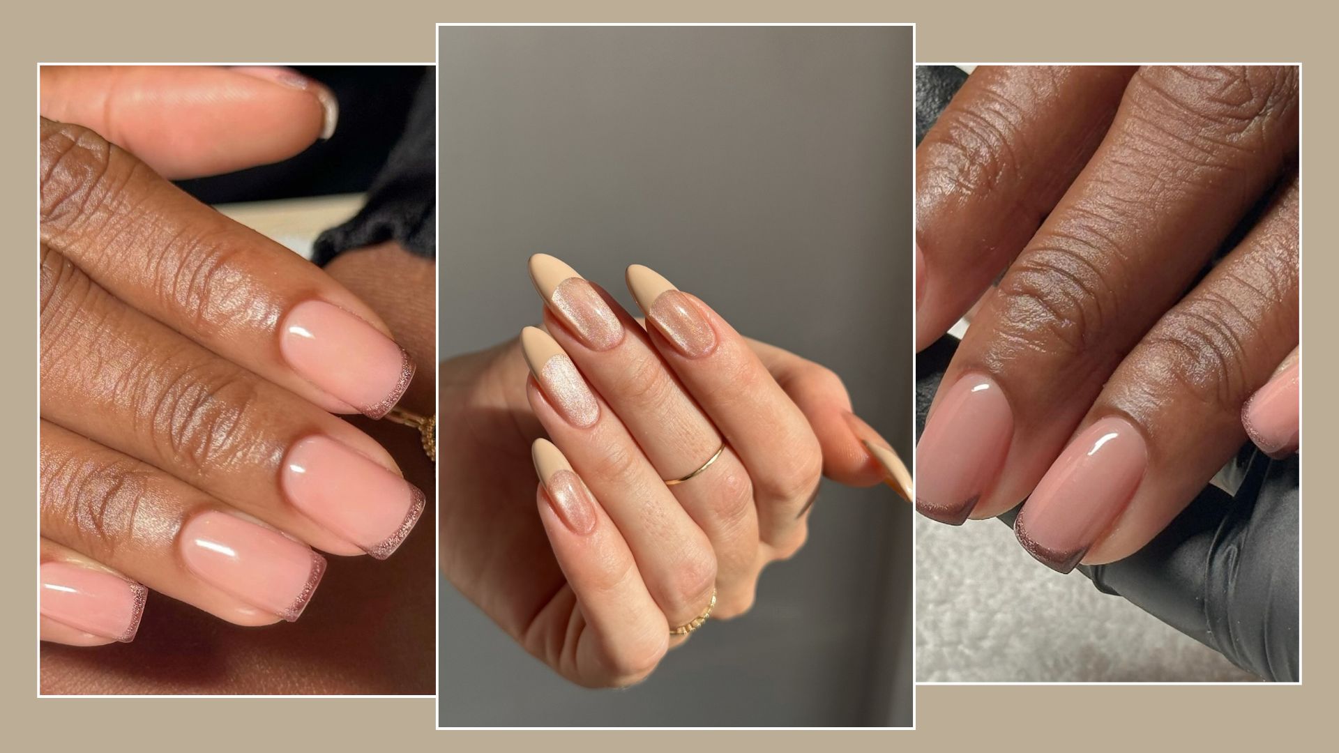 A collage of neutral cat-eye French tip nail designs