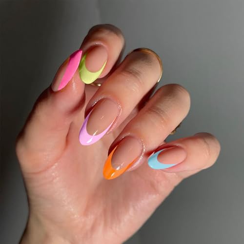 French Tips Press on Nails Almond Medium Fake Nails Rainbow French Nail Tip Acrylic False Nails Press Ons Colorful Glossy Glue on Nails Reusable Stick on Nails for Women Girls Manicure Art 24pcs