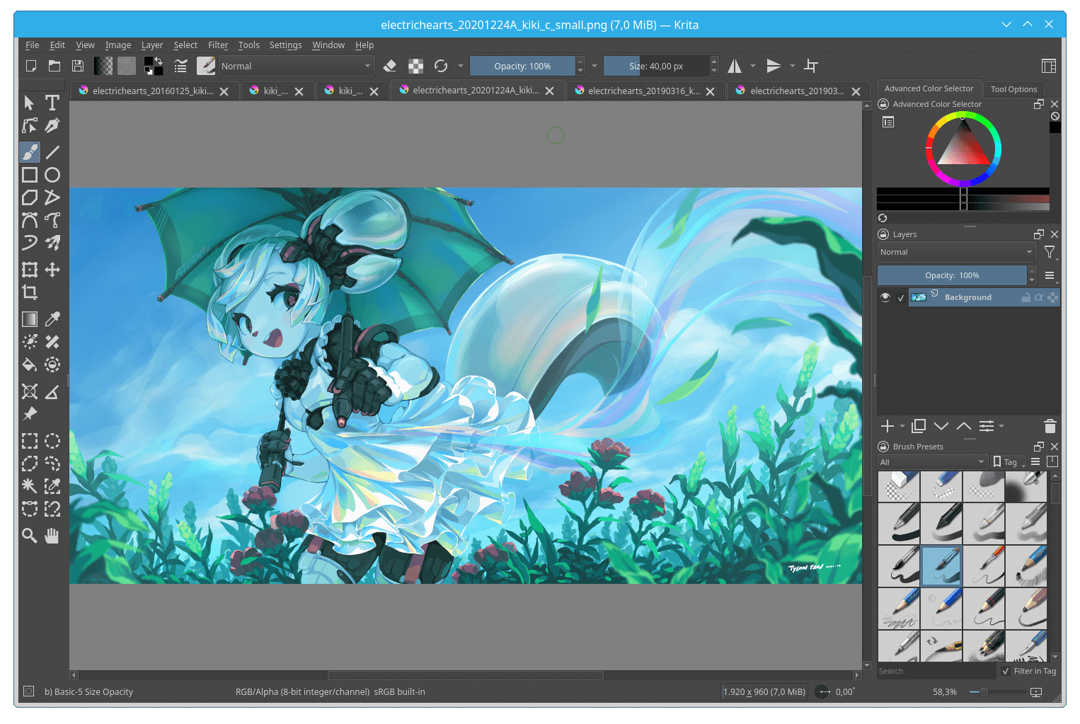 A screenshot of the Krita painting software displaying a digital illustration of an anime-style character with light blue hair holding an umbrella in a lush, grassy field