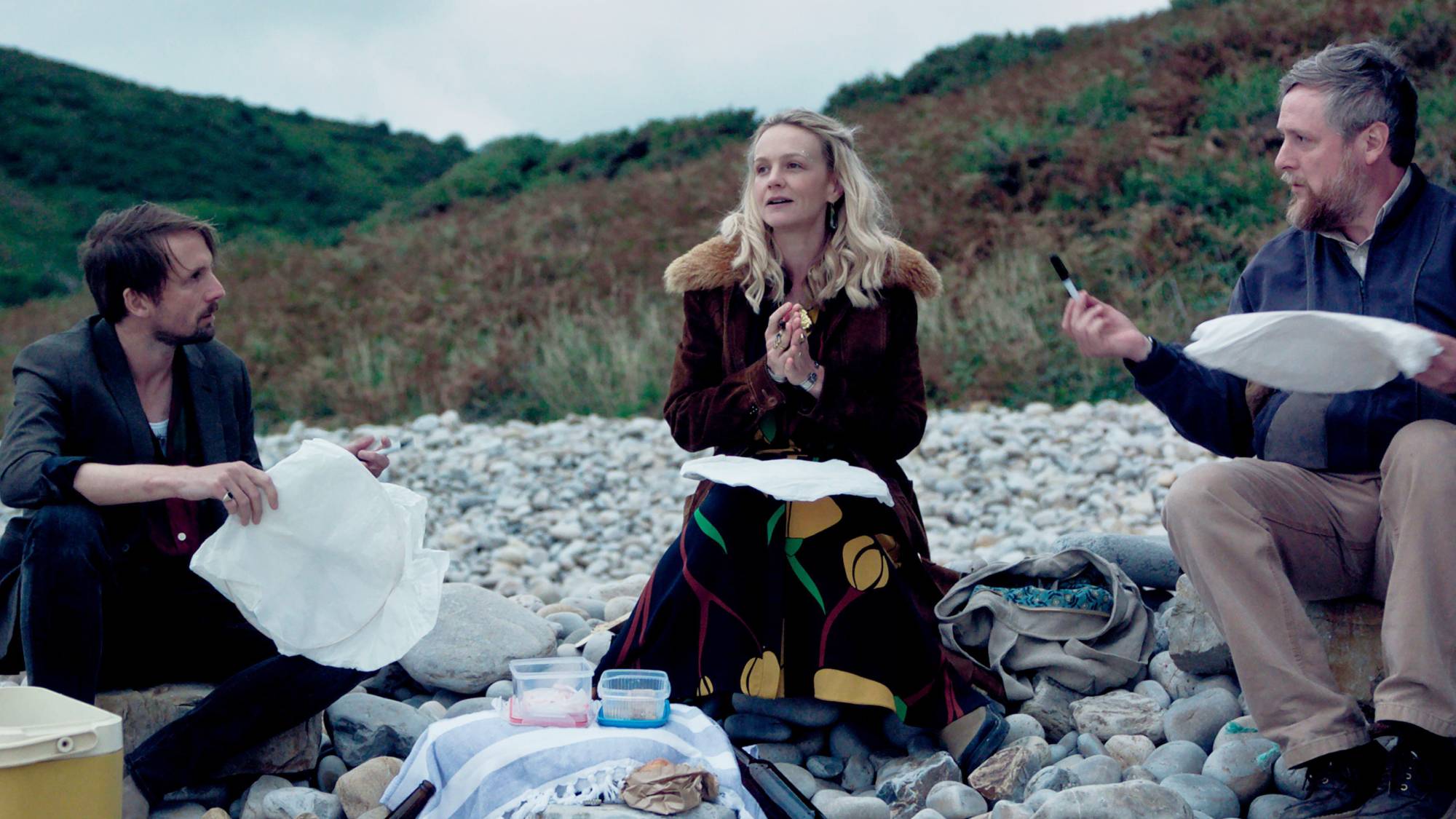 (L-R) Tom Basden as Herb McGwyer , Carey Mulligan as Nell Mortimer and Tim Key as Charles Heath in "The Ballad of Wallis Island"