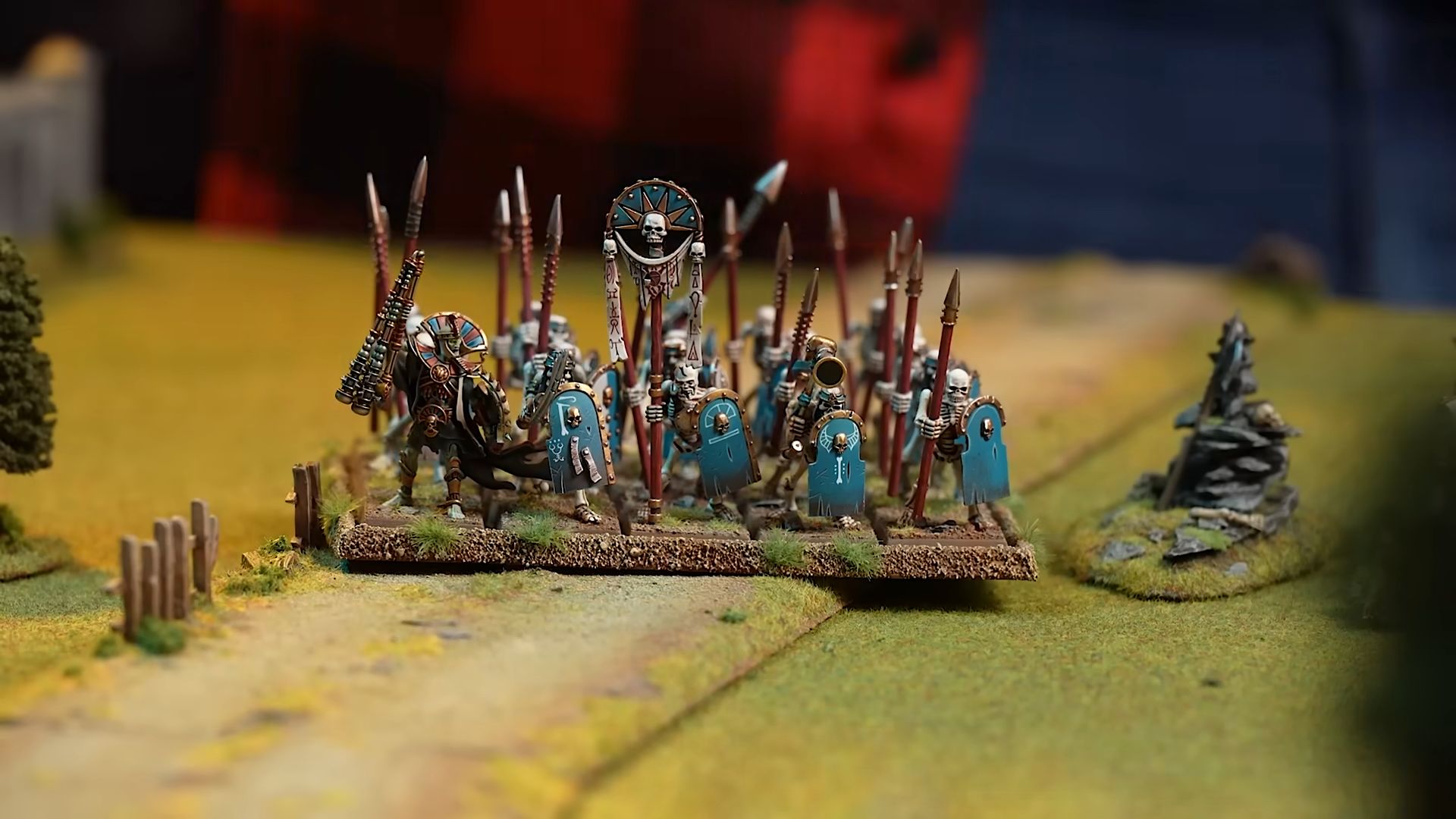 A unit of skeletons with spears and shields from a game of Warhammer: The Old World