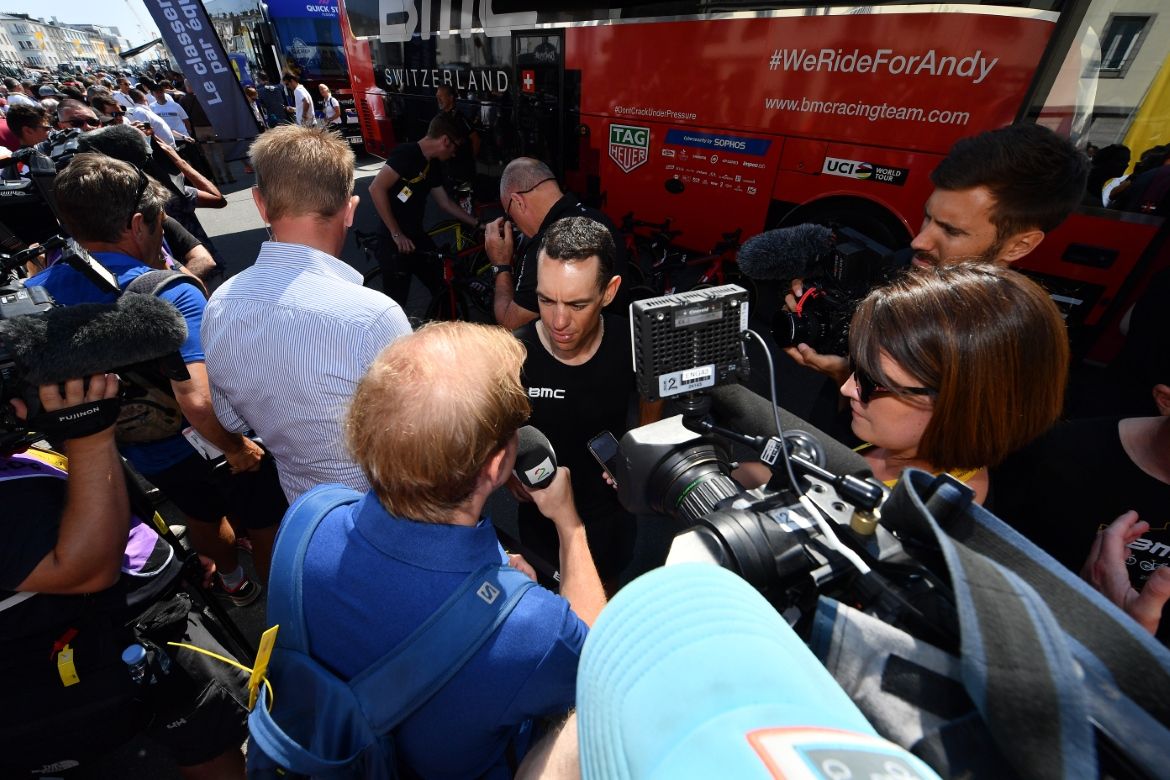 Richie Porte swarmed by the media