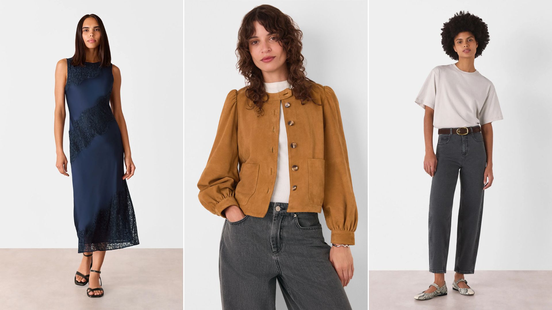 Three models wear different Whistles item of clothing