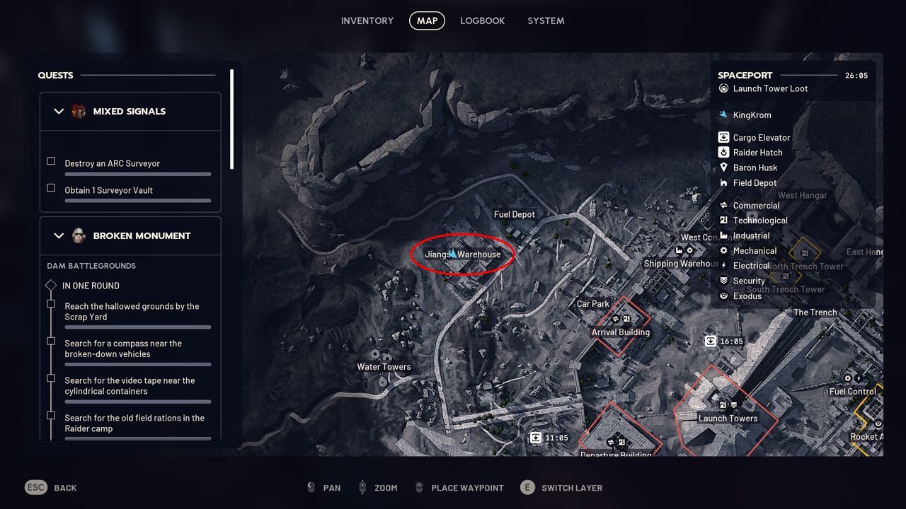 Arc Raiders Lay of the Land: A map with a red oval highlighting the location of the shipping notes in the warehouse.