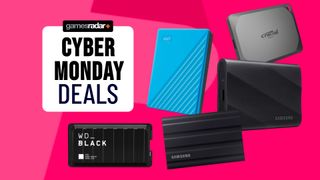Cyber Monday external hard drive deals on a pink background