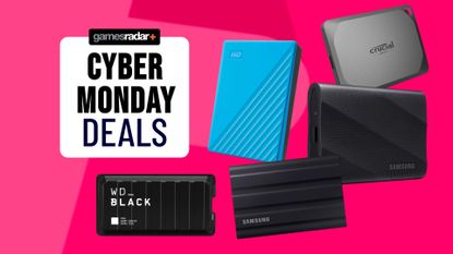 Cyber Monday external hard drive deals on a pink background