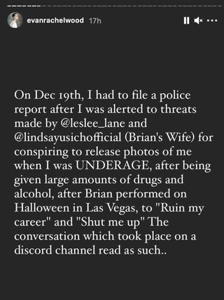A screengrab of Evan Rachel Wood's stories explaining her police report against Lindsay Usich