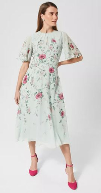 Hobbs Priya Midi Floral Silk Dress, Sage | $317/£249 | John Lewis &amp; Partners