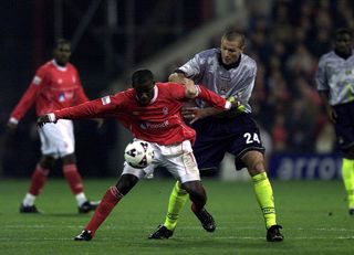 Chris Bart-Williams of Forest holds off Steve Howey of Man City during the Nationwide First Division game between Nottingham Forest and Manchester City at the City Ground, Nottingham.