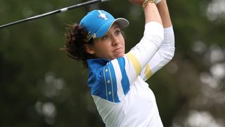 Albane Valenzuela takes a shot during the Friday morning foursomes in the Solheim Cup