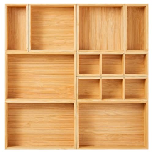 Fabsome Drawer Organizer, Set of 9 Bamboo Wood Kitchen Makeup Desk Junk Tea Drawer Storage Boxes Bins for Cutlery Silverware Utensils Flatware, Small Wooden Container Tray for Bathroom, Office