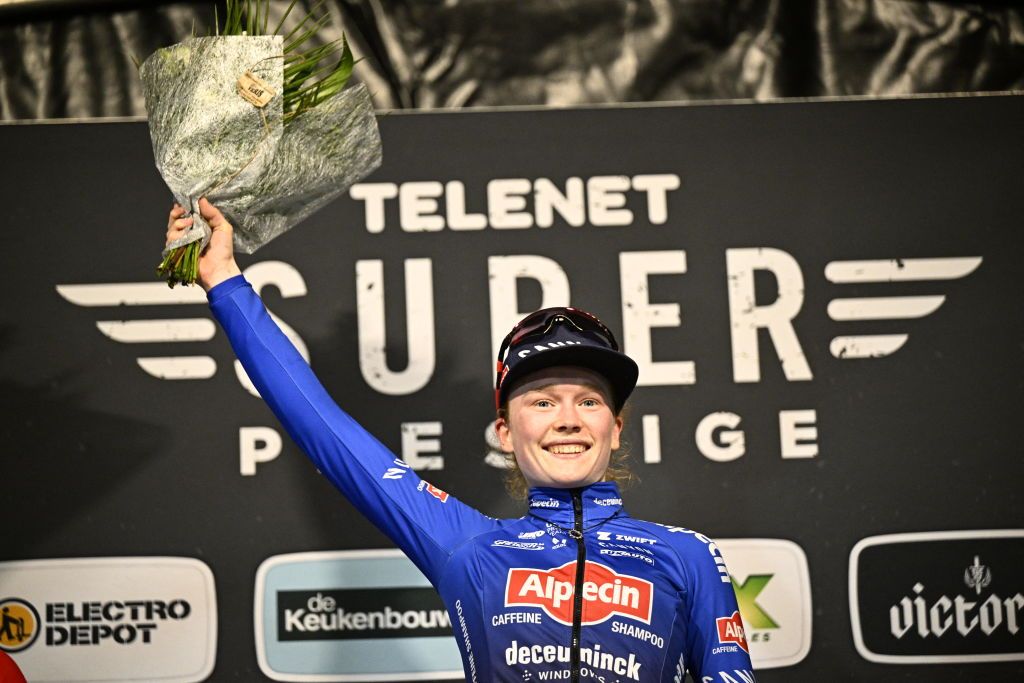 Dutch Puck Pieterse celebrates on the podium after winning the women elite race of the Superprestige Diegem 6th stage out of 8 in the Superprestige cyclocross cycling competition in Diegem Wednesday 28 December 2022BELGA PHOTO JASPER JACOBS Photo by JASPER JACOBS BELGA MAG Belga via AFP Photo by JASPER JACOBSBELGA MAGAFP via Getty Images