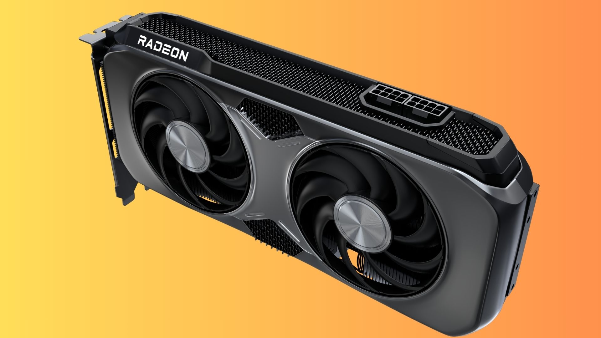 AMD RX 9070 GRE front, on a yellow background