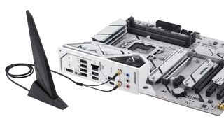 The rear panel and Wi-Fi antenna of the Asus Z790-AWY WIFI W motherboard