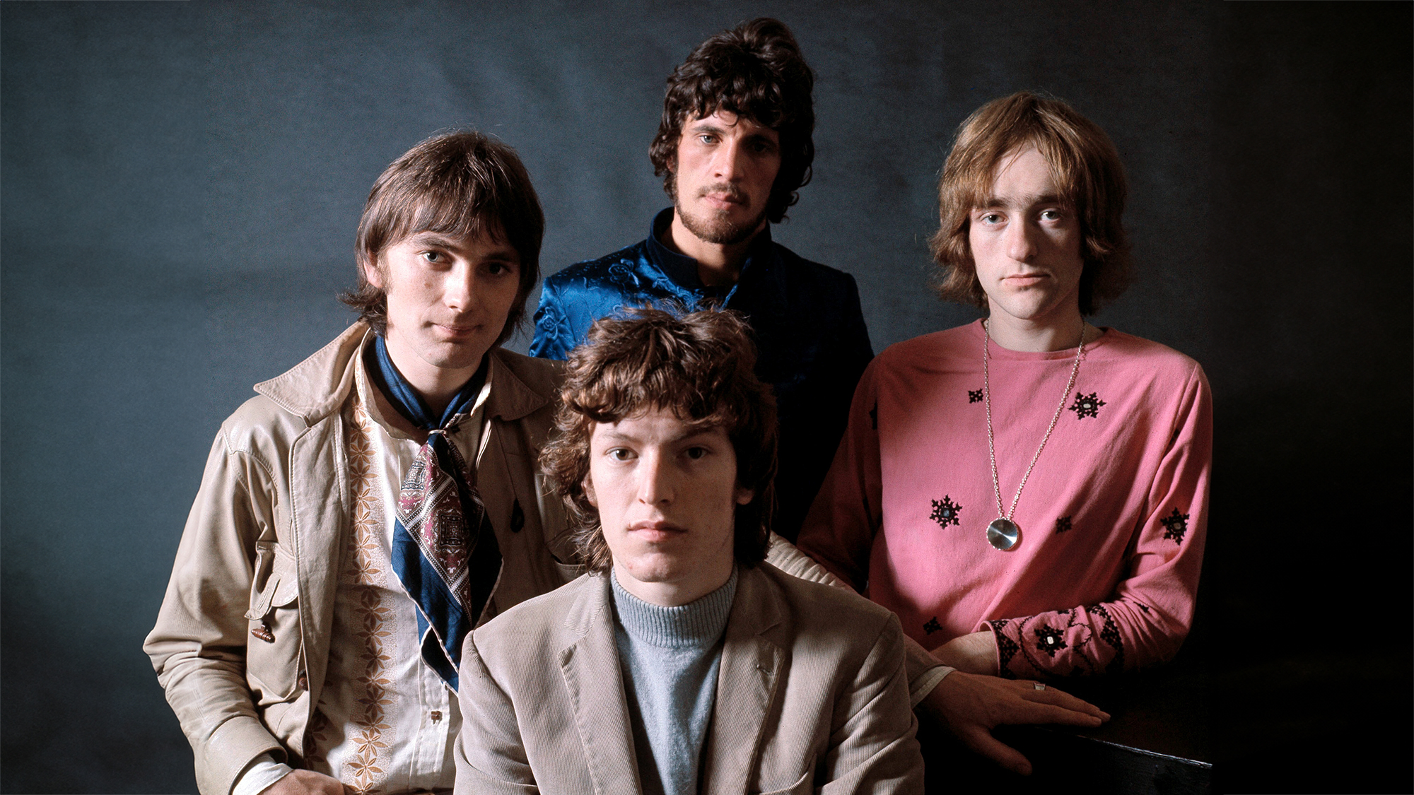 Traffic, studio group portrait, 1968, L-R Chris Wood, Steve Winwood, Jim Capaldi, Dave Mason.