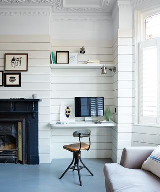 Cream home office with shiplap walls