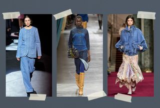 A collage of runway images featuring denim trends from the fall/winter 2024 collections.