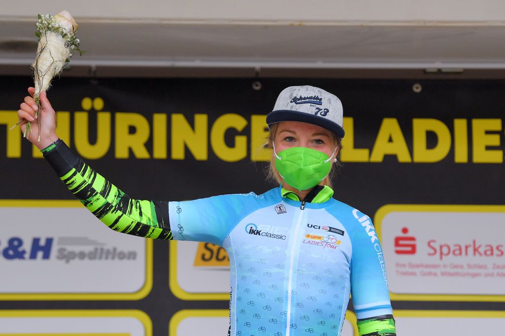 GERA GERMANY MAY 26 Katharina Fox of Germany and Team RSG Giessen Biehler blue most active rider jersey celebrates at podium during the 34th Internationale LOTTO Thringen Ladies Tour 2021 Stage 2 a 1251km stage from Gera to Gera Mask Covid safety measures ltlt2021 lottothueringenladiestour womencycling on May 26 2021 in Gera Germany Photo by Luc ClaessenGetty Images