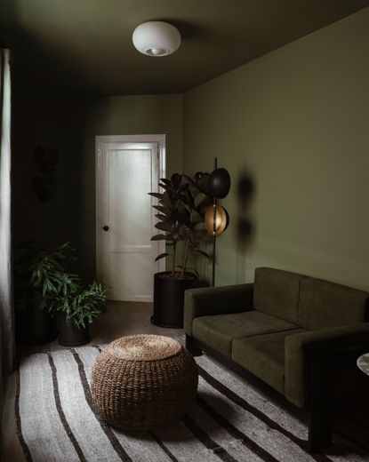 a small bedroom with dark brown walls