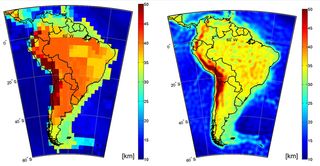 Comparison between an old global Moho model (left) based on seismic/gravity data and Moho-mapping based on GOCE data (right) in South America.