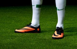 A detail shot as Brazilian football star Neymar presents his new Nike football boots on May 28, 2013 in Rio de Janeiro, Brazil. Neymar signed a five-year contract with Spanish powerhouse FC Barcelona on May 27 and will travel to Spain next week for the official presentation