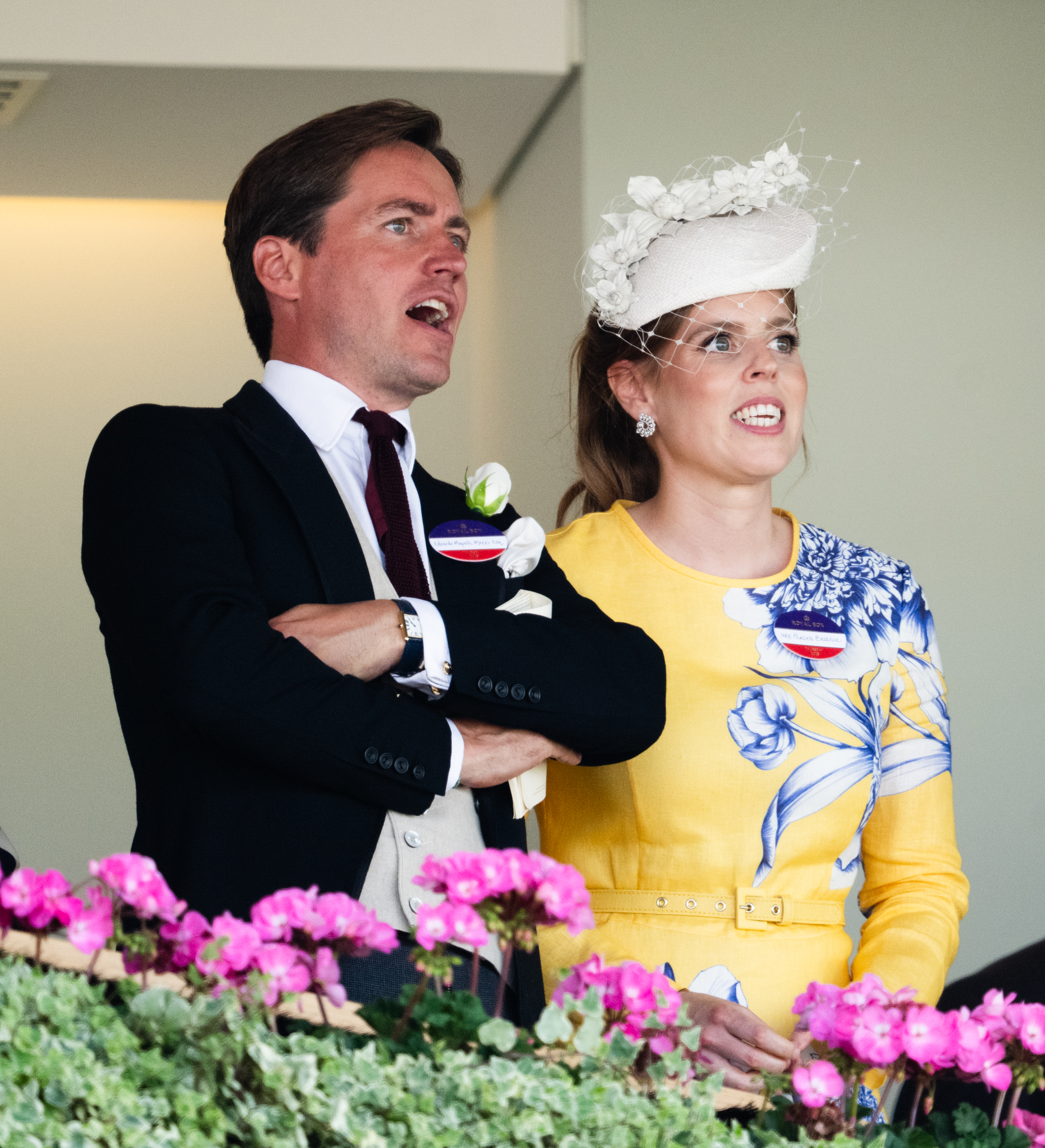 Princess Beatrice wearing yellow smiling with Edoardo Mapelli Mozzi at Royal Ascot