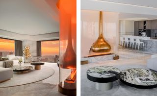 The Penthouse of the OPUS ONE by T.K. CHU Design - side by side images with a glass-like floor, large landscape windows overlooking the city at sun set, circular centre tables and a L shaped sofa.