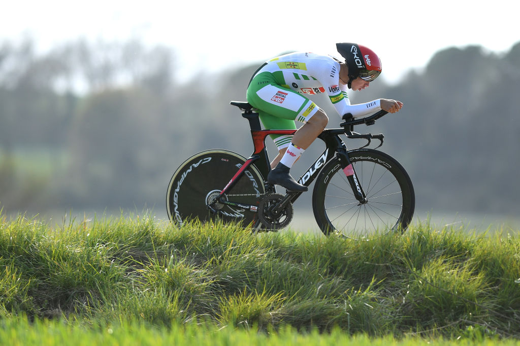 PLA DE LESTANY BANYOLES SPAIN MARCH 23 Andreas Lorentz Kron of Denmark and Team Lotto Soudal Green Leader Jersey during the 100th Volta Ciclista a Catalunya 2021 Stage 2 a 185km Individual Time Trial stage from Pla de LEstany Banyoles to Pla de LEstany Banyoles 145m ITT VoltaCatalunya100 on March 23 2021 in Pla de LEstany Banyoles Spain Photo by David RamosGetty Images