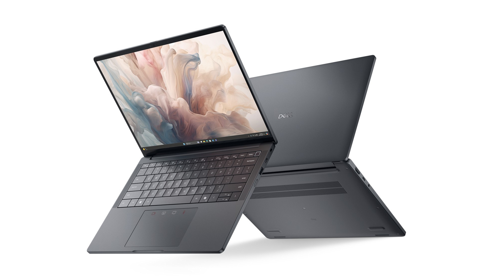 Dell Pro 14 laptop shown open, front view and rear view