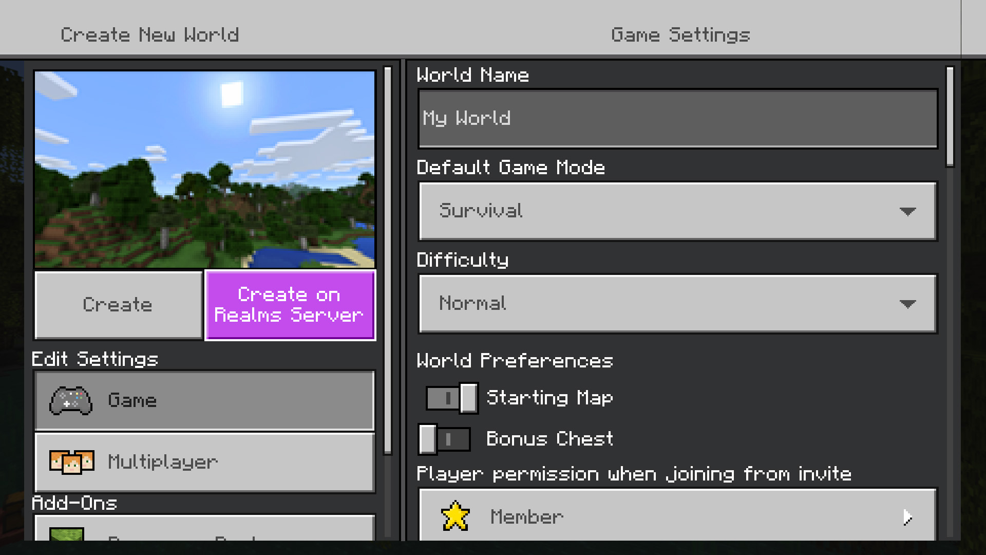 Minecraft Realms create world