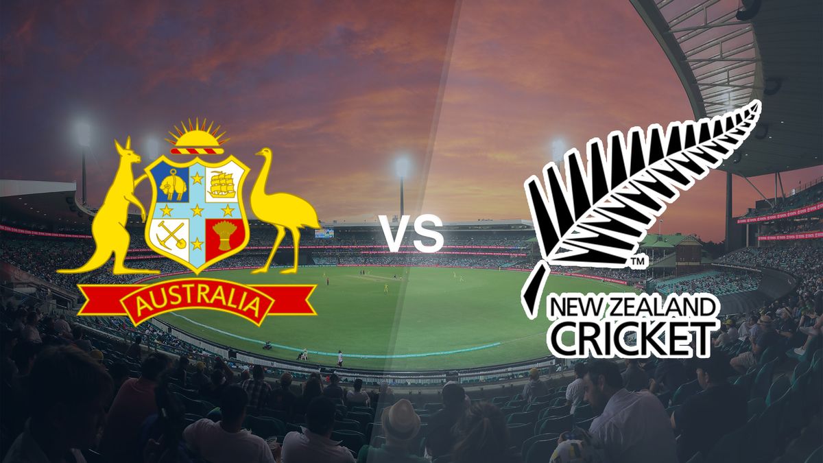 A cricket pitch with the Australia and New Zealand logos on top, for the Australia vs New Zealand live stream of the T20 World Cup