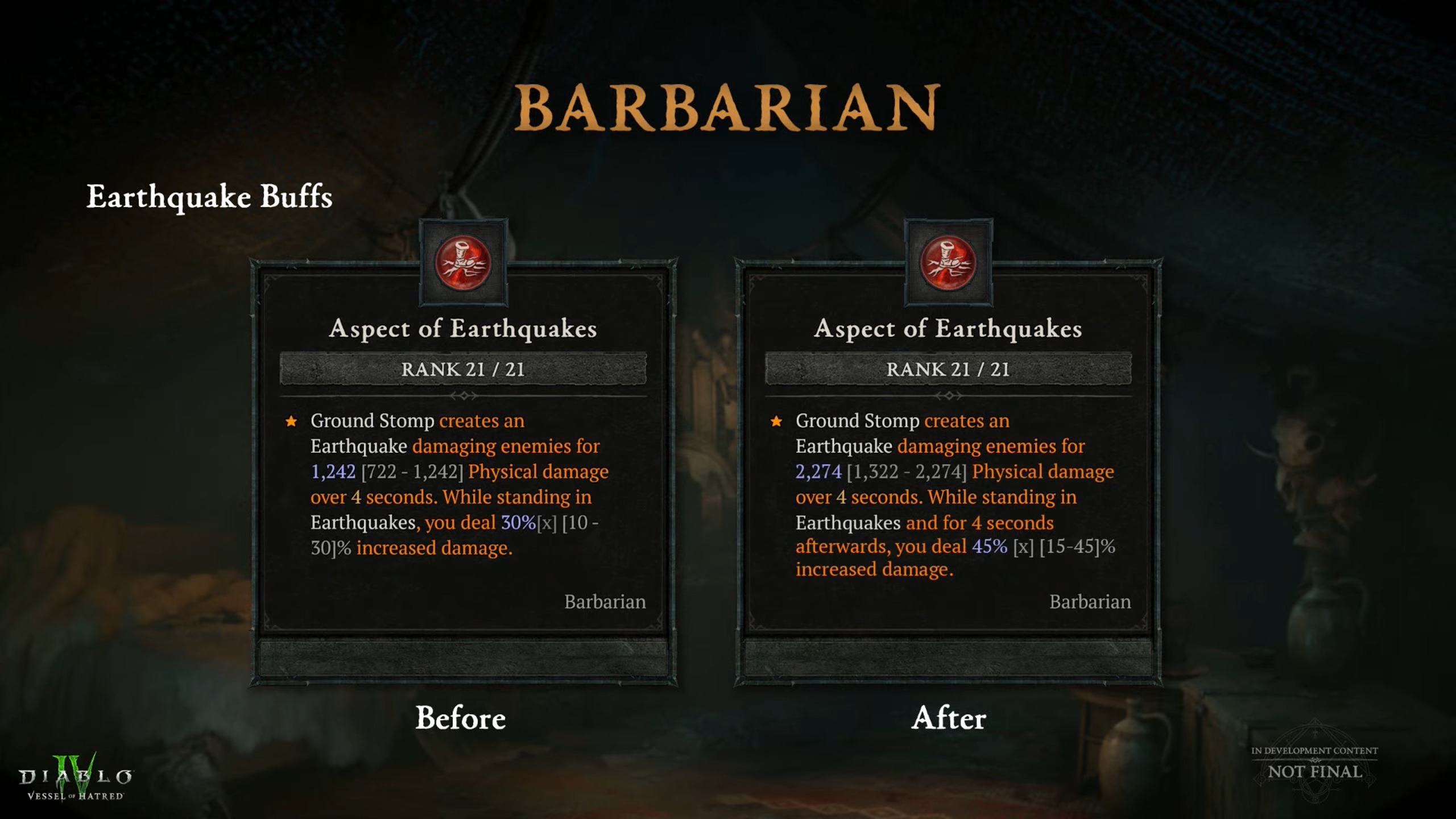 Slides showing improvements to Barbarian builds