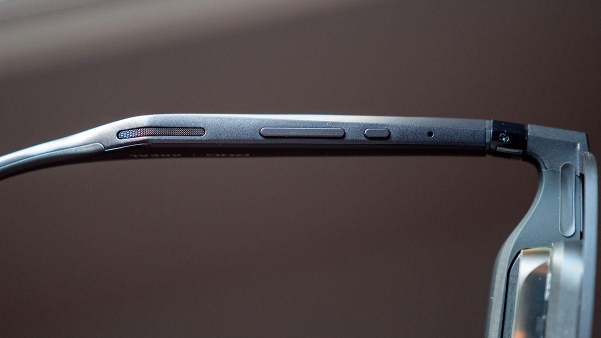 Buttons on the underside of the Xreal ROG R1 smart glasses' right arm