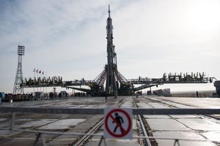 A Soyuz rocket is raised upright at the Baikonur Cosmodrome in Kazakhstan in preparation for its launch on March 21, 2018, to the International Space Station. The spacecraft will carry NASA astronauts Ricky Arnold and Drew Feustel, along with Russian cosmonaut Oleg Artemyev.