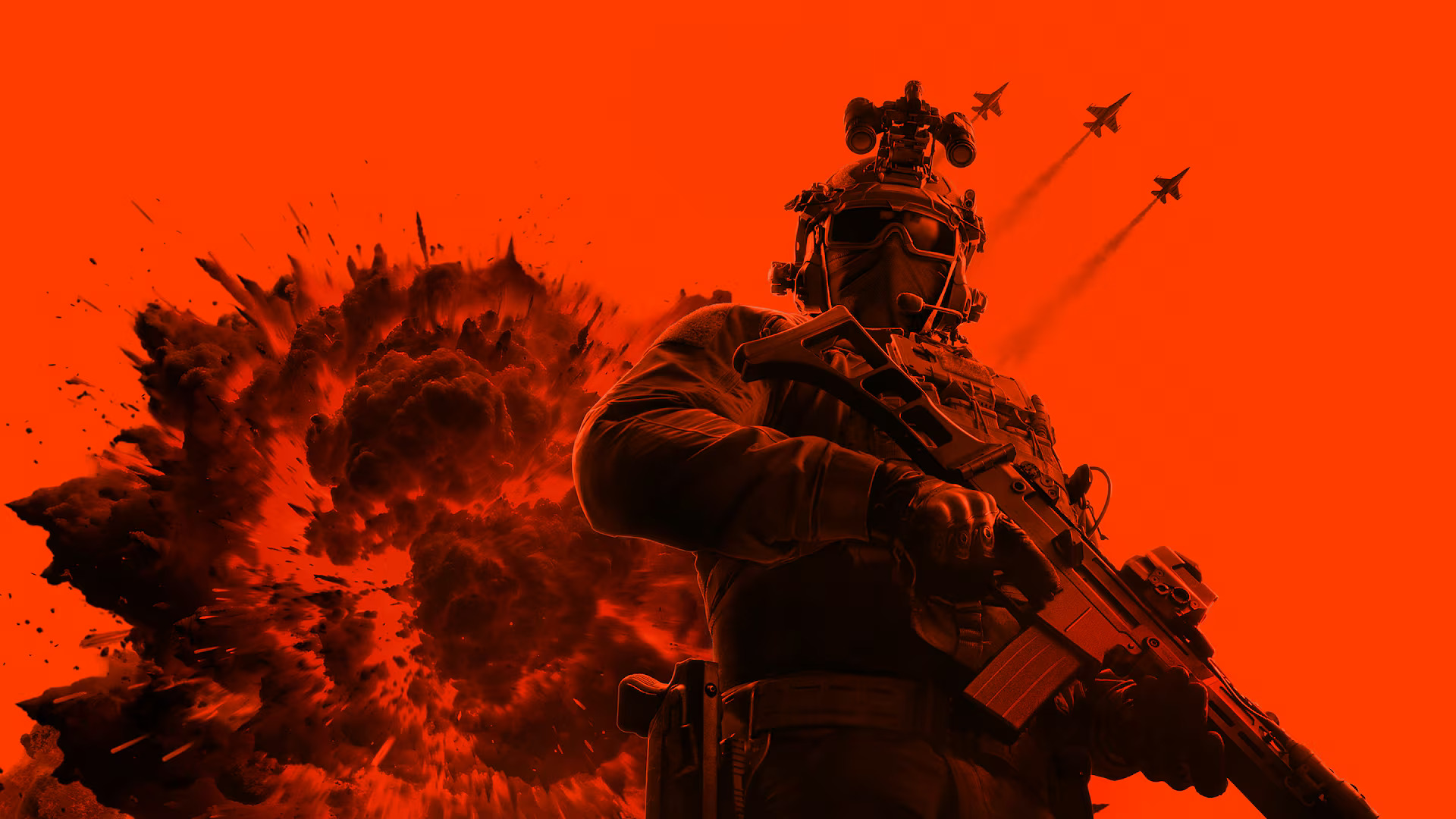 Key art for the Battlefield 6 Phantom Edition from the PlayStation store showing a soldier looking at the camera as jets fly behind him and a large explosion occurs - all with a heavy and stark red color