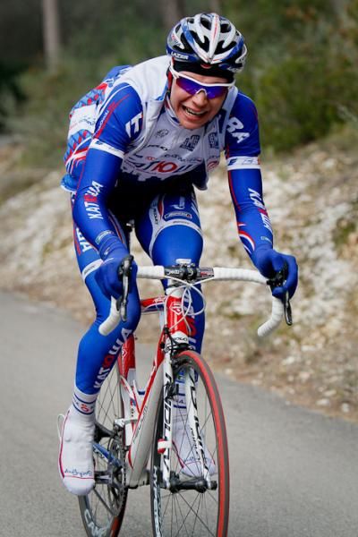 A Katusha rider also gives it a try on the final kilometre of the climb.