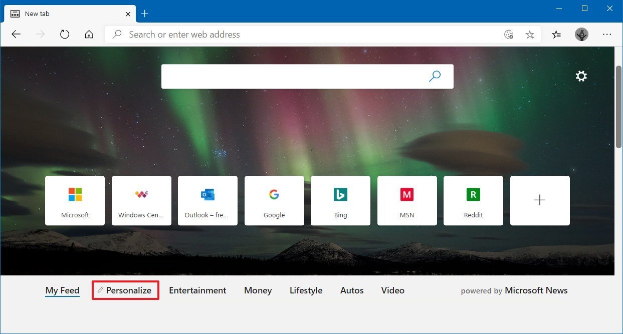 Microsoft Edge new tab personalize option