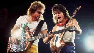 Van Halen’s Michael Anthony and Eddie Van Halen performing onstage in 1986