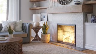 tiled open fireplace with burning flames