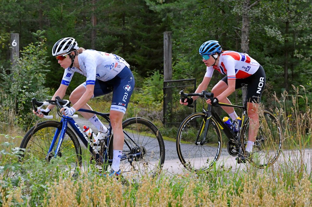 NOREFJELL NORWAY AUGUST 14 LR Brodie Chapman of Australia and Team FDJ Nouvelle Aquitaine Futuroscope and Vita Heine of Norway and Team Norway compete during the 7th Ladies Tour Of Norway 2021 Stage 3 a 145k stage from Drammen to Norefjell 791m LTourOfNorway LTON21 UCIWWT on August 14 2021 in Norefjell Norway Photo by Luc ClaessenGetty Images