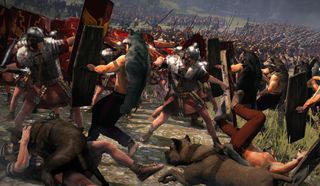 A battle in Rome 2: Total War between Roman legionaries and warriors wearing wolf pelts
