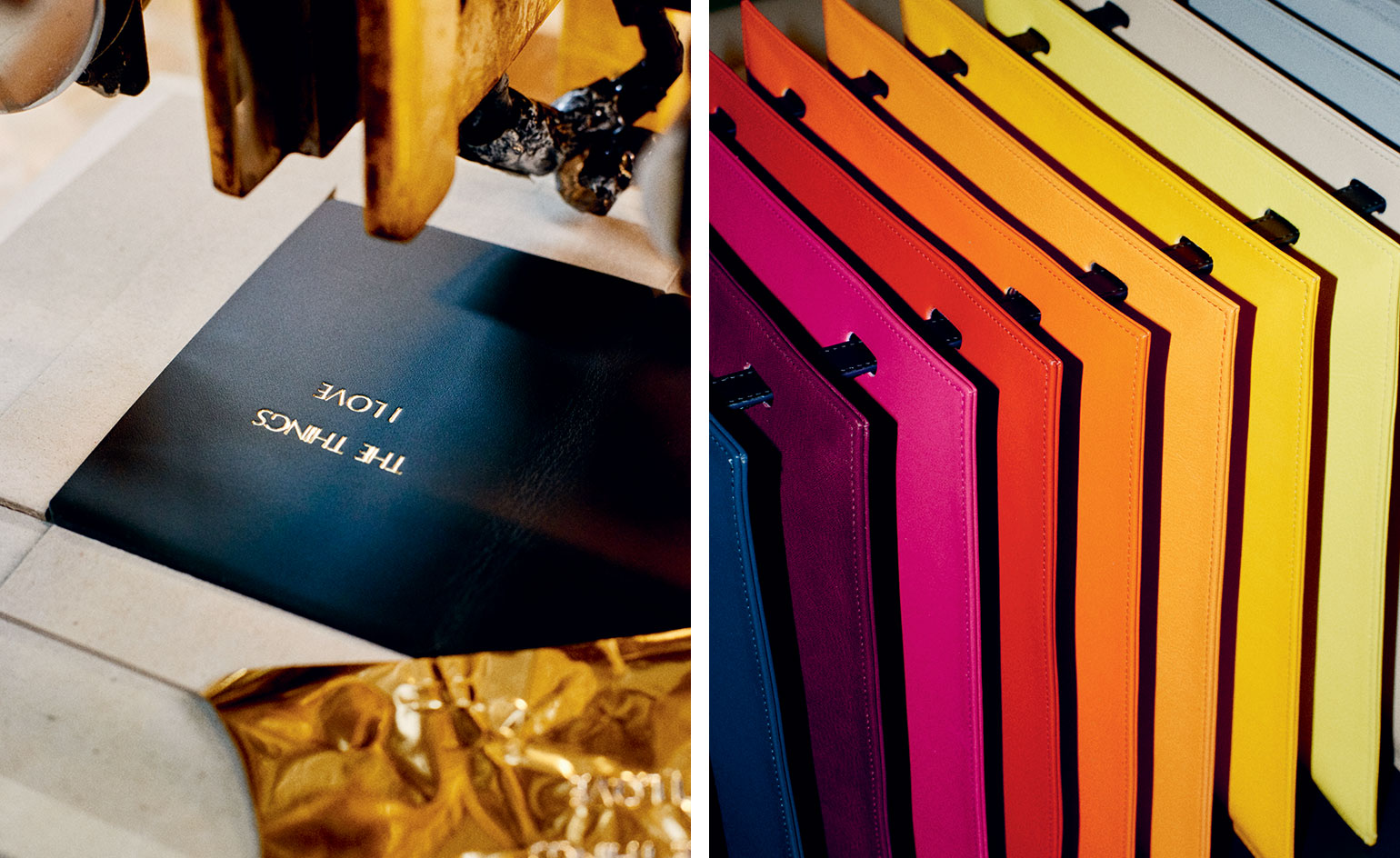 Left, at the Globe-Trotter factory in Hertfordshire. Right, the case's rainbow-hued soft leather compartments.