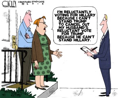 Political cartoon U.S. 2016 election Hillary Clinton voter