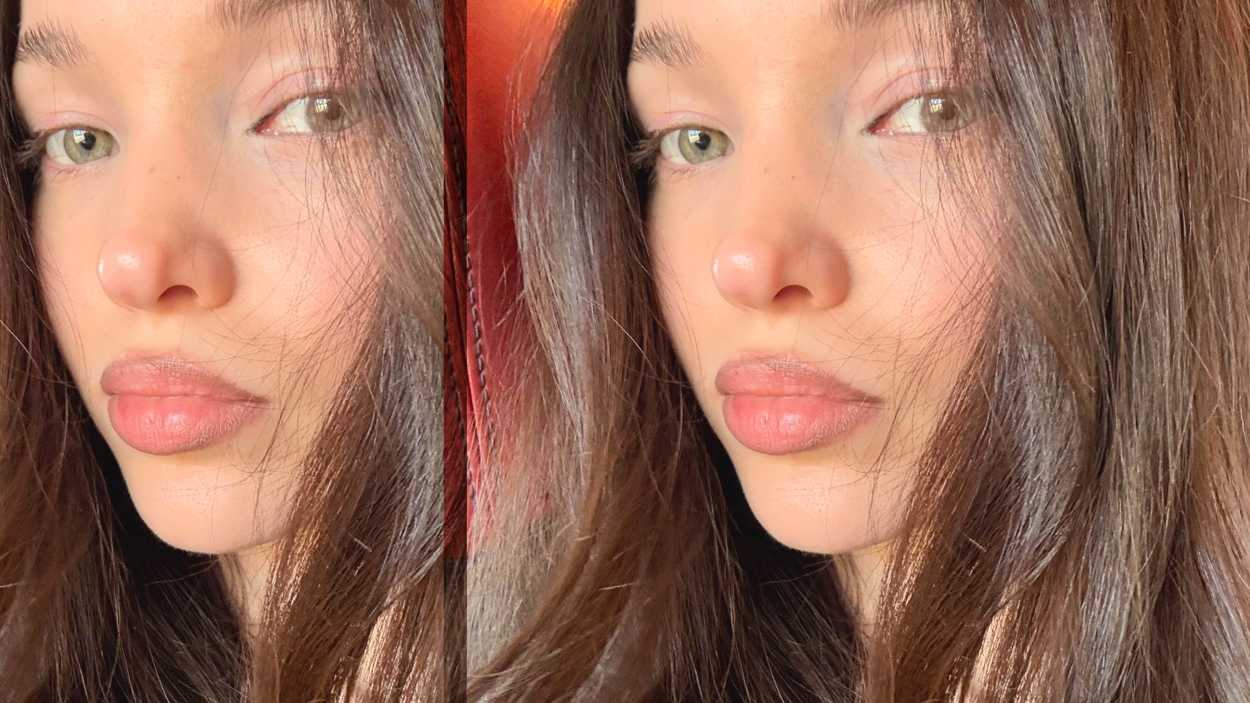 Two selfies of Dove Cameron side by side in a collage.