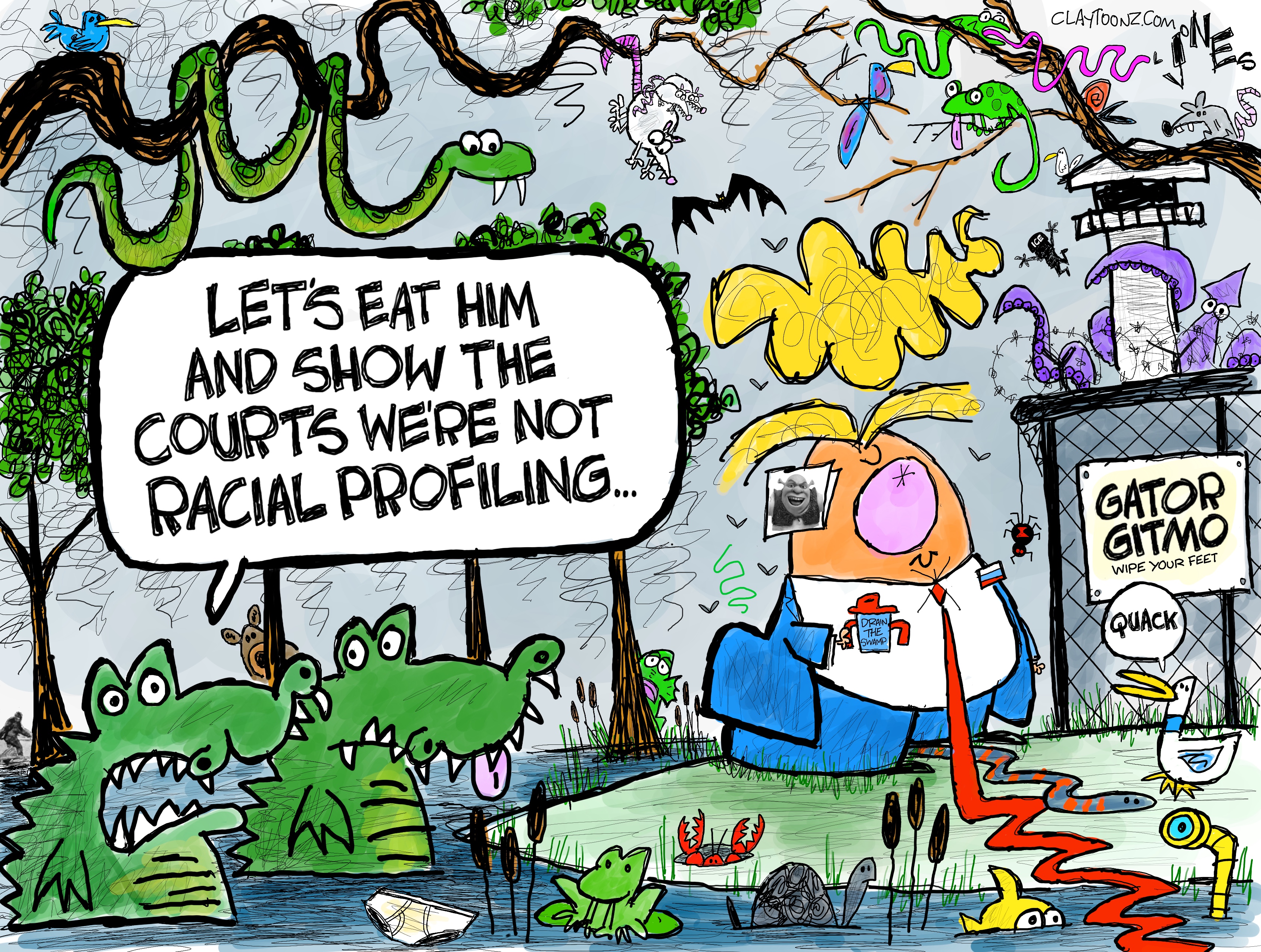 This political cartoon, is set in a swamp near the so-called "Gator Gitmo". Donald Trump is here and is drawn holding a sippy cup, A large alligator speaks to a smaller alligator. The large alligator says, "Let's eat him and show the courts we're not racial profiling..."