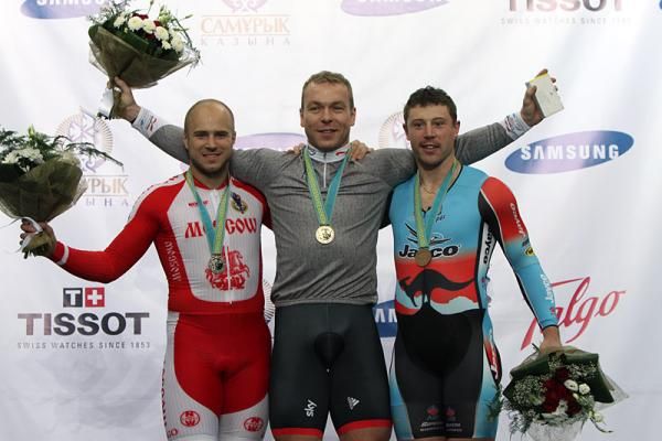 Men's sprint podium (l-r): Denis Dmitriev (Moscow Track Team), Chris Hoy (Sky Track Cycling), Shane Perkins (Team Jayco&shy;Ais)